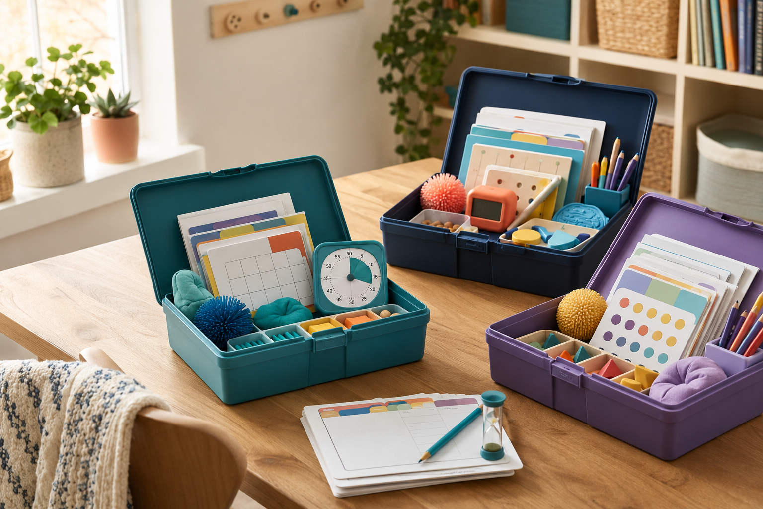 Three colorful executive-function learning kits arranged with tactile tools, activity cards, and timers